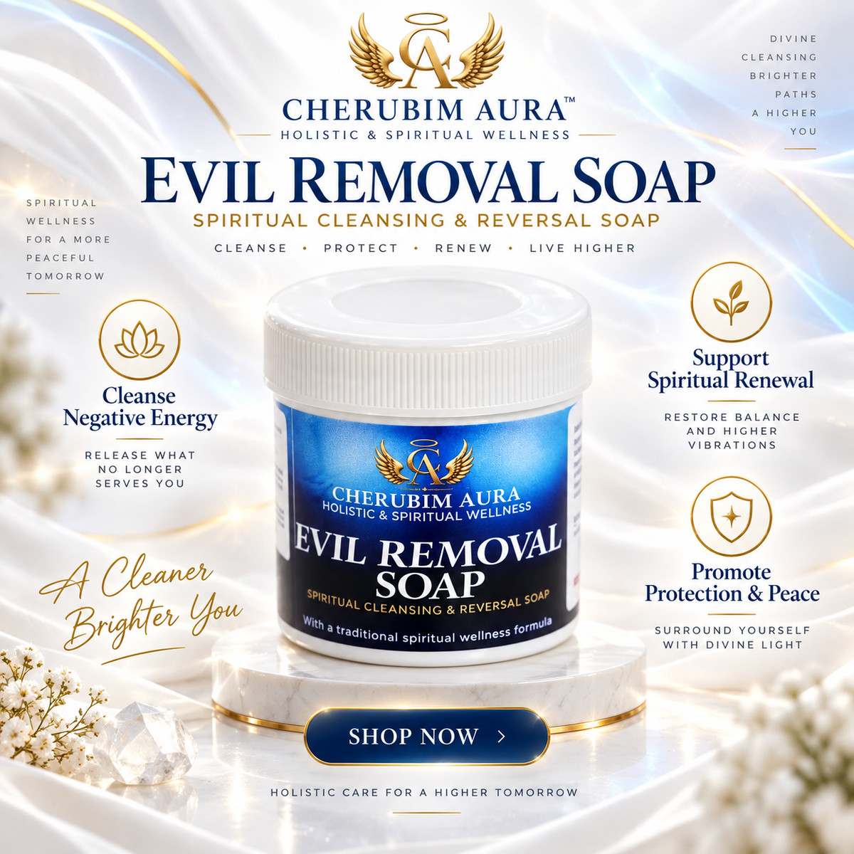 Cherubim Aura Evil Removal Soap spiritual cleansing and reversal soap bottle shown on a white background with decorative text and icons promoting spiritual benefits.