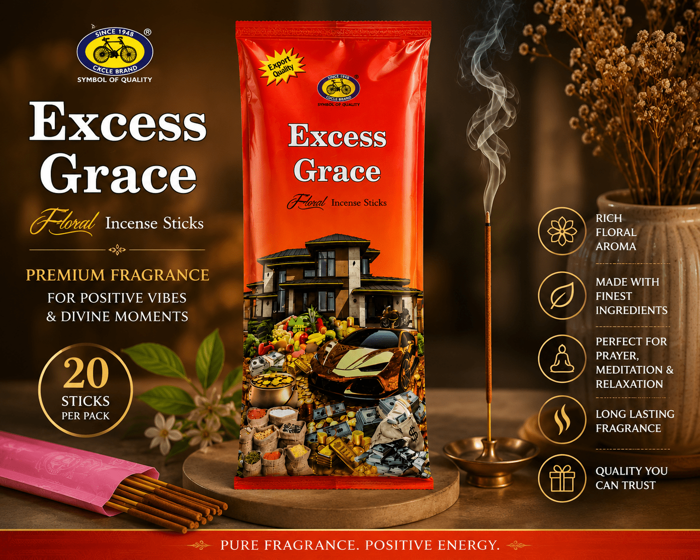 Excess Grace Floral Incense Sticks | Premium Slow-Burning Incense for Prayer, Meditation & Home Fragrance - Incense - Cherubim Aura
