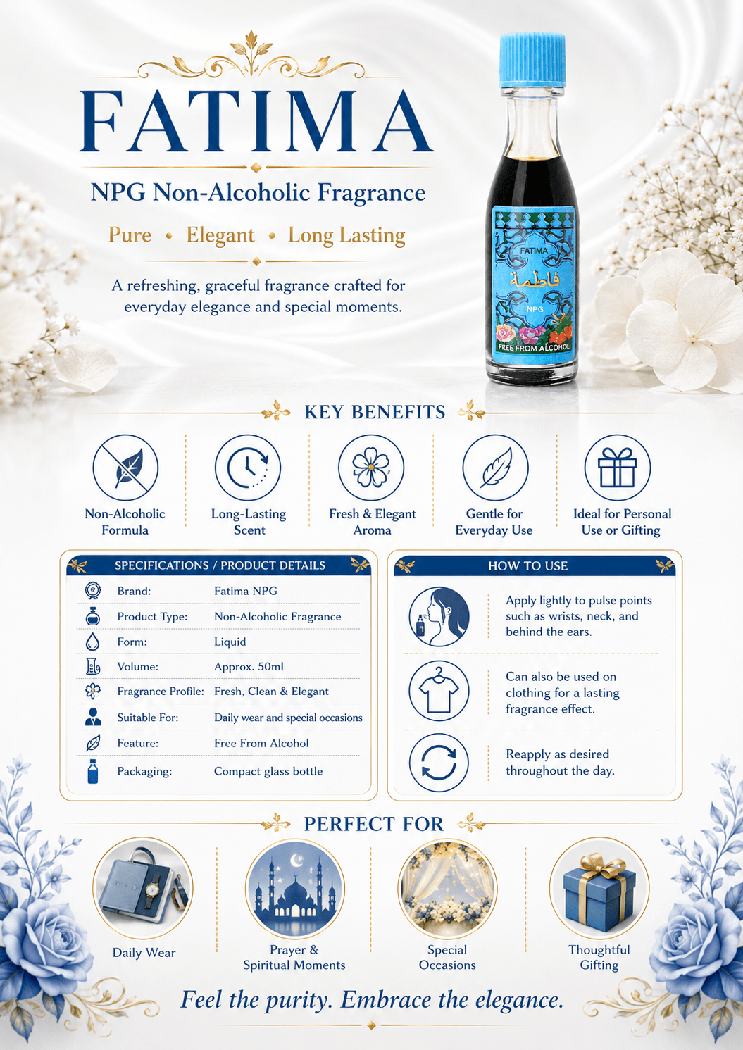 Fatima NPG Non-Alcoholic Spiritual Fragrance 50ml – Pure, Elegant & Long-Lasting Aura Perfume - Spiritual Oil - Cherubim Aura