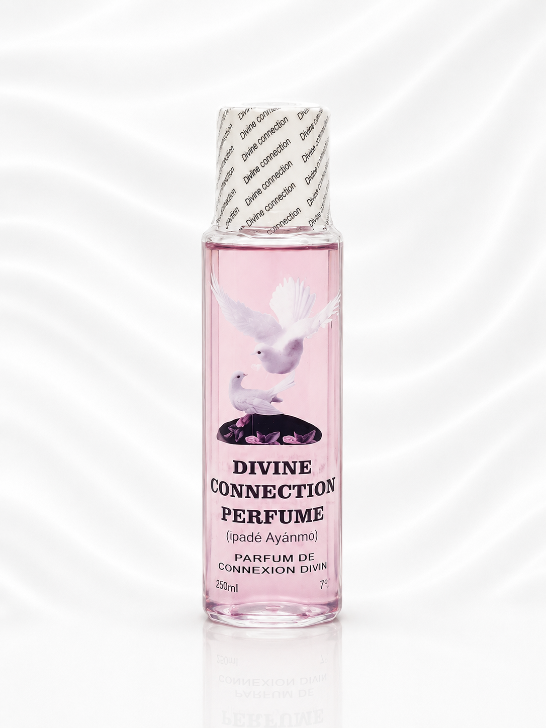 Pink perfume bottle with dove design on a white background