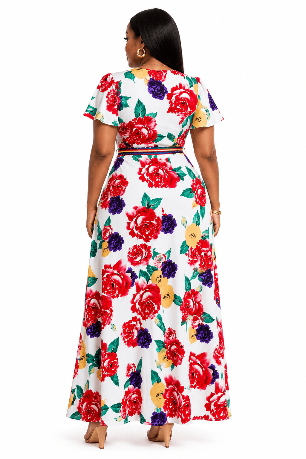 Floral Multicoloured Trim Maxi Dress – White V-Neck Flutter Sleeve Dress - Maxi Dress - Cherubim Aura