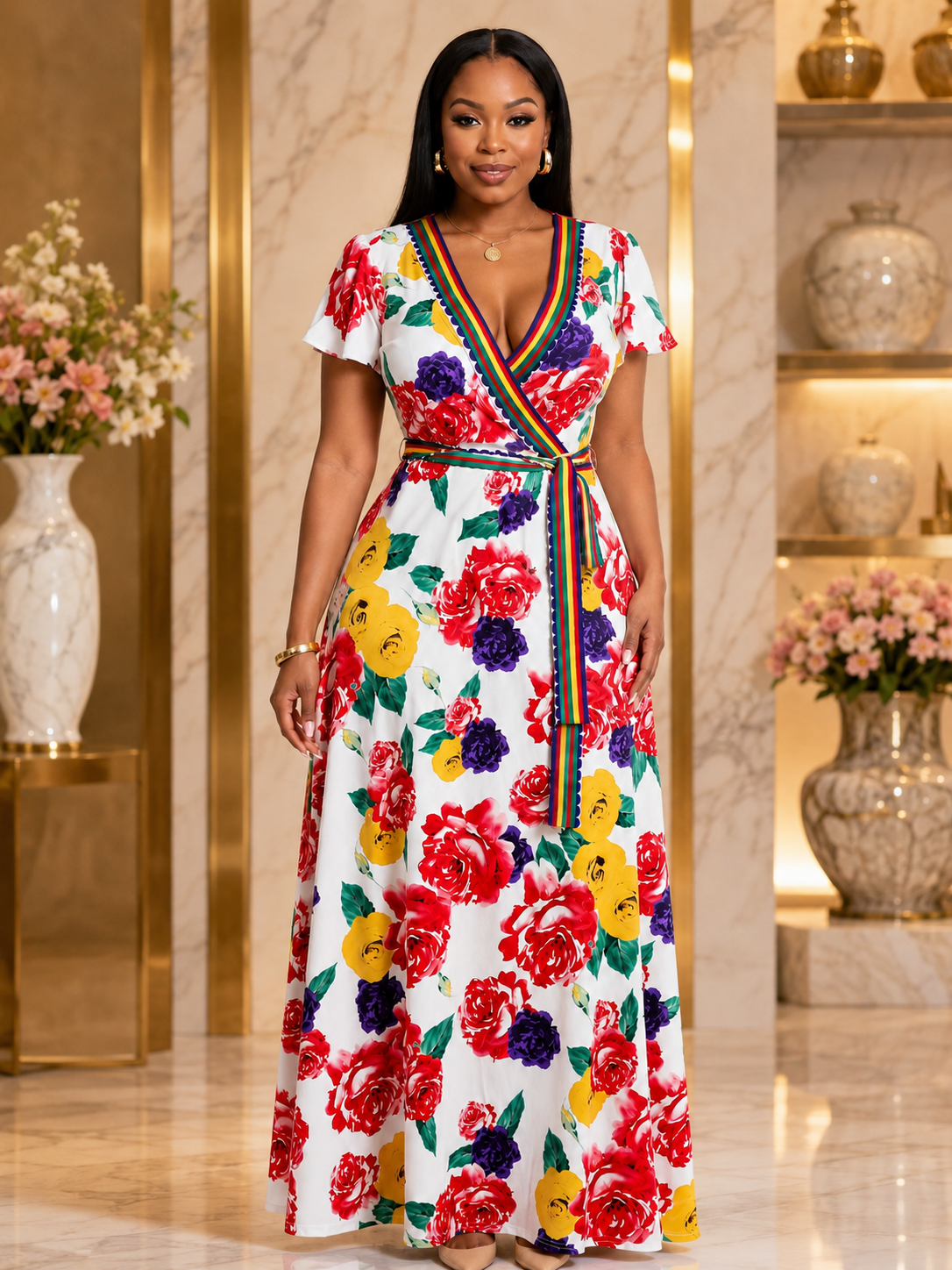 Floral Multicoloured Trim Maxi Dress  V-Neck Flutter Sleeve Dress - Maxi Dress - Cherubim Aura