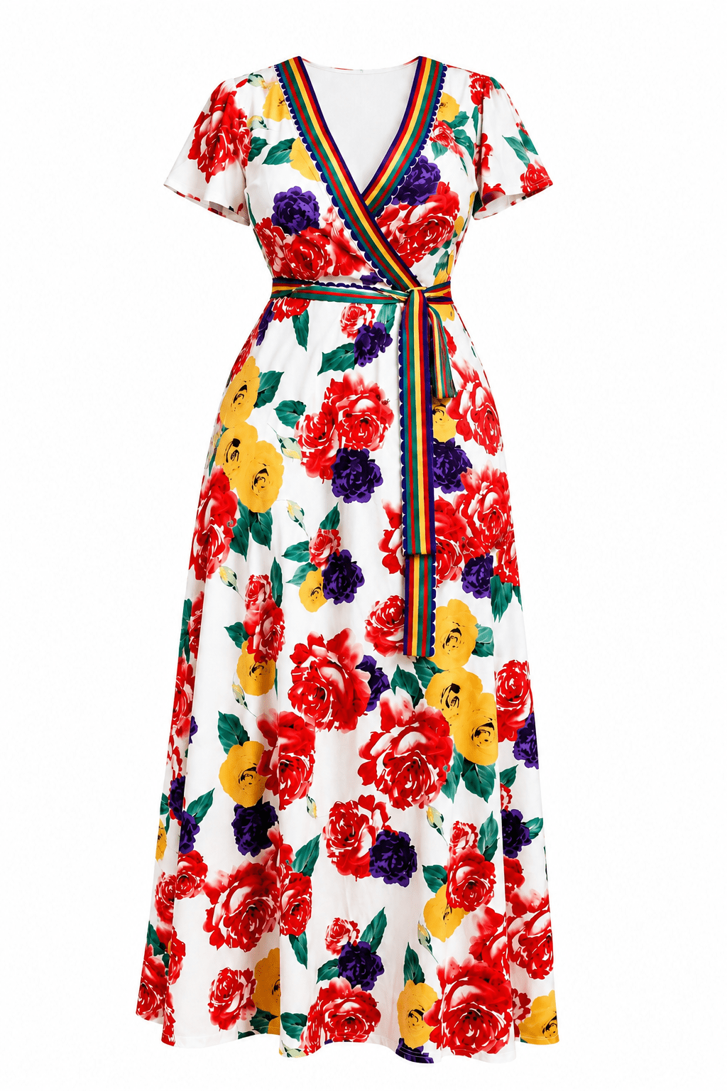 Floral Multicoloured Trim Maxi Dress  V-Neck Flutter Sleeve Dress - Maxi Dress - Cherubim Aura