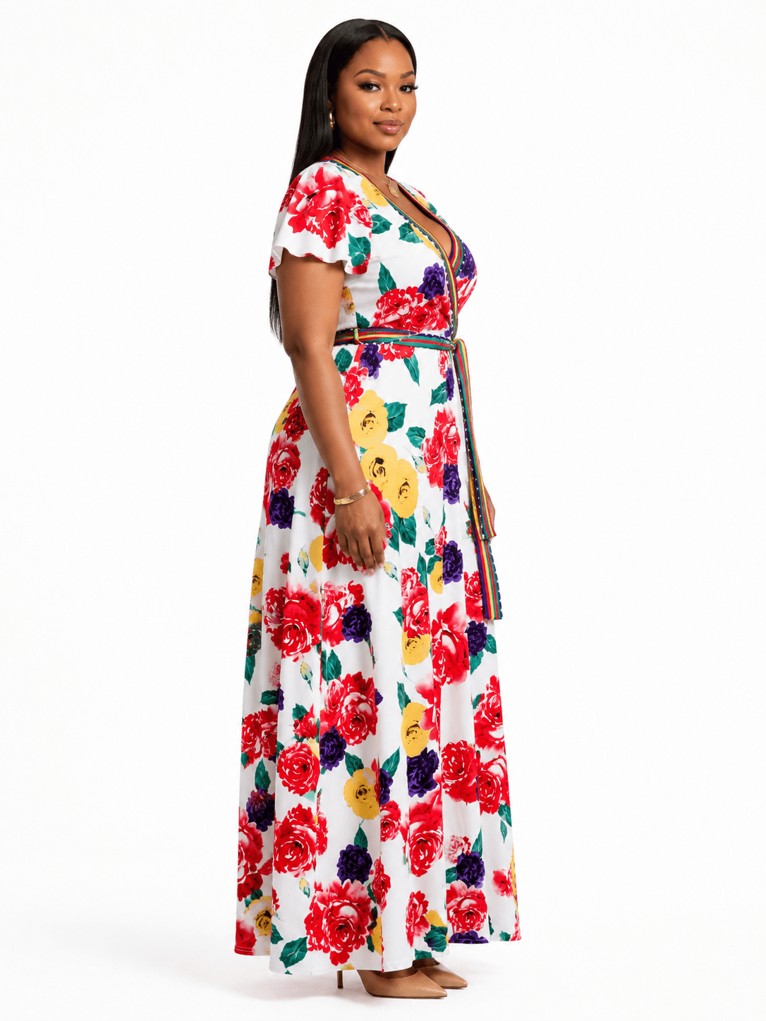 Floral Multicoloured Trim Maxi Dress – White Wrap Style V-Neck Flutter Sleeve Dress - Maxi Dress - Cherubim Aura