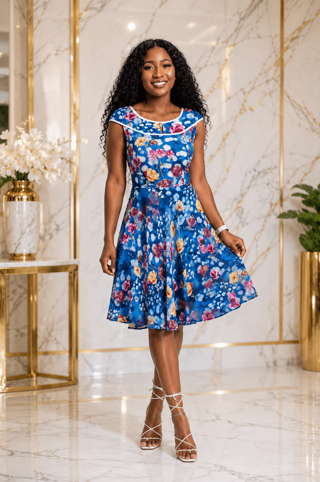 Floral Print A-Line Midi Dress – Women's Cap Sleeve Fit & Flare Occasion Dress - Midi Dresses - Cherubim Aura