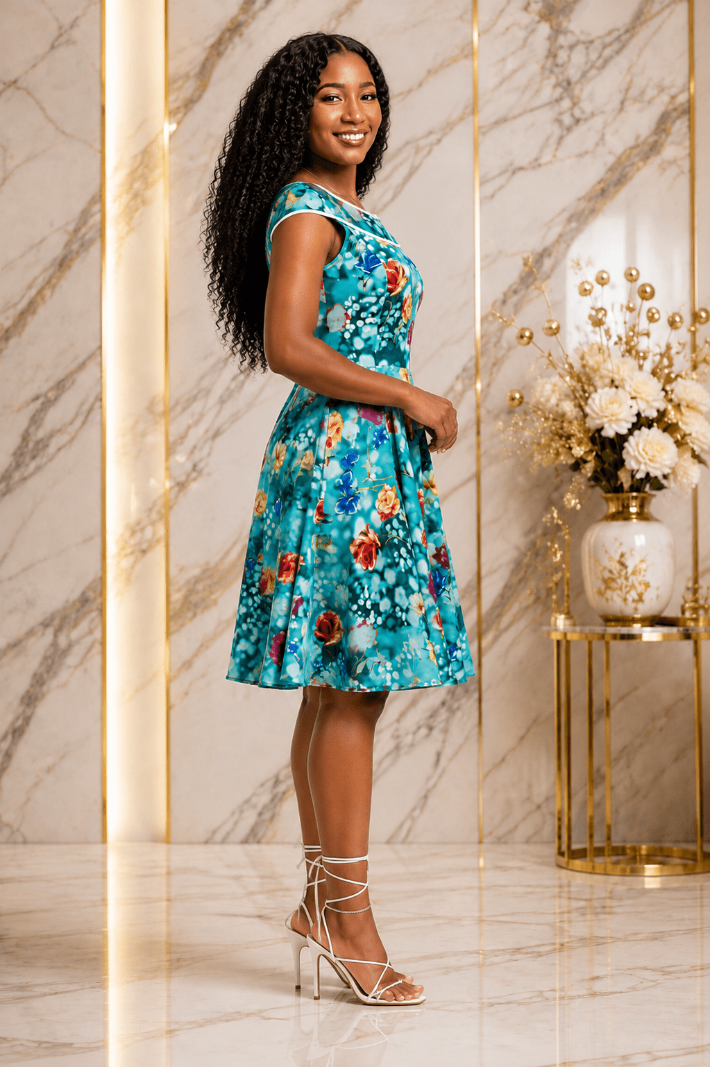 Floral Print A-Line Midi Dress – Women's Cap Sleeve Fit & Flare Occasion Dress - Midi Dresses - Cherubim Aura