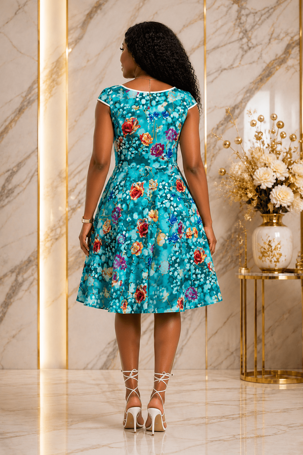Floral Print A-Line Midi Dress – Women's Cap Sleeve Fit & Flare Occasion Dress - Midi Dresses - Cherubim Aura