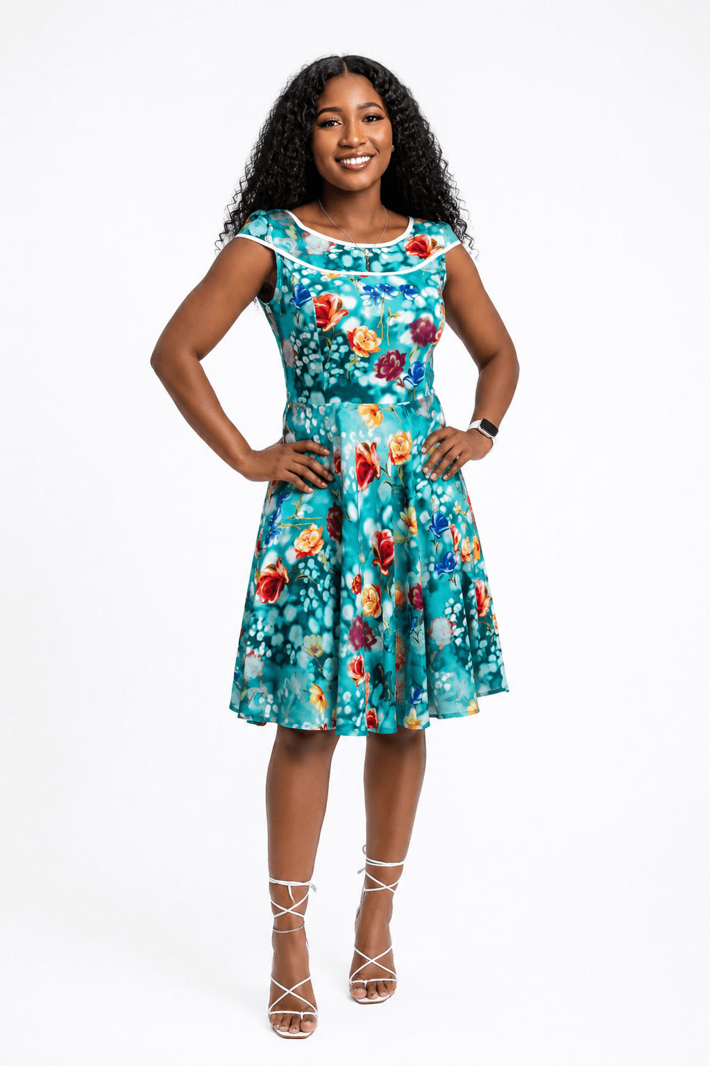 Floral Print A-Line Midi Dress – Women's Cap Sleeve Fit & Flare Occasion Dress - Midi Dresses - Cherubim Aura