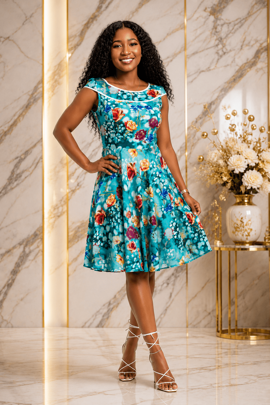 Floral Print A-Line Midi Dress – Women's Cap Sleeve Fit & Flare Occasion Dress - Midi Dresses - Cherubim Aura