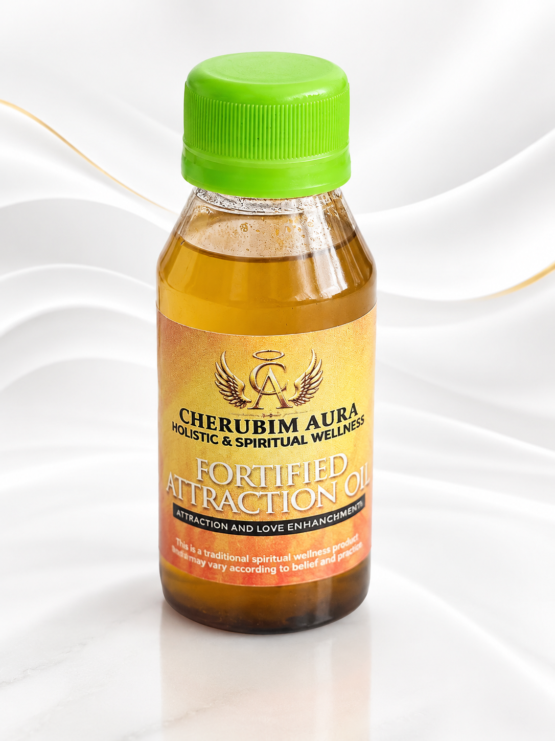 A bottle of Cherubim Aura Fortified Attraction Oil with a bright green cap and a gold label, set against a white marble background with elegant white wave patterns.
