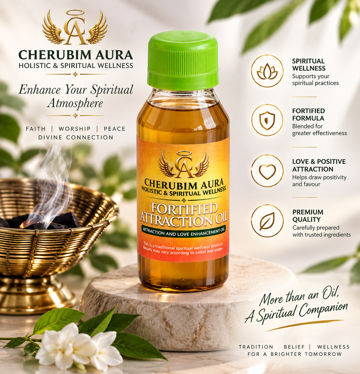 A bottle of Cherubim Aura Fortified Attraction Oil stands on a stone pedestal with white flowers and a brass incense burner in a softly styled setting. The bottle has a green cap and a gold-and-orange label with the brand name Cherubim Aura prominently visible.