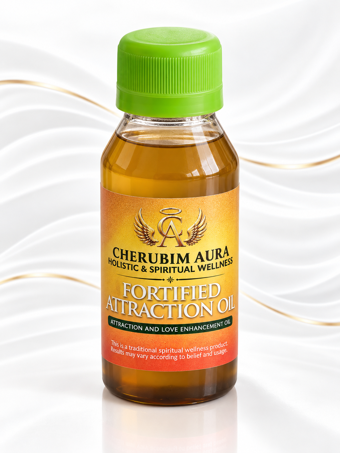 A bottle of Cherubim Aura Fortified Attraction Oil with a bright green cap and a gold and orange label, set against a white background with elegant gold wavy lines.