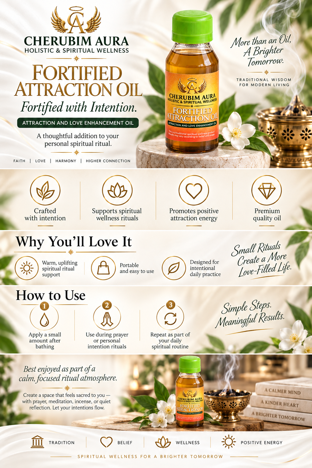 A branded product infographic for Cherubim Aura Fortified Attraction Oil, showing the amber bottle with green cap centered on a decorative white and beige layout with icons, text, and small supporting product photos.