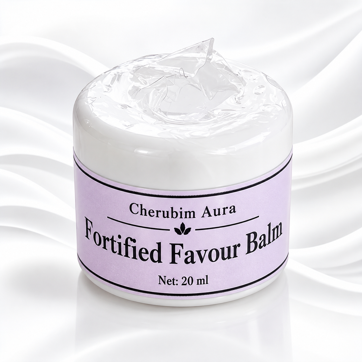 A 20 ml jar of Cherubim Aura Fortified Favour Balm, featuring a white lid with a dollop of white balm on top and a light purple label, set against a white satin background.