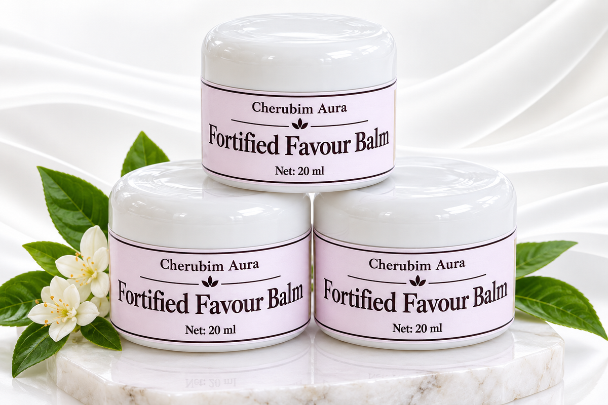 Three white jars of Cherubim Aura Fortified Favour Balm arranged in a pyramid on a white marble slab with green leaves and white flowers, against a white draped satin background.