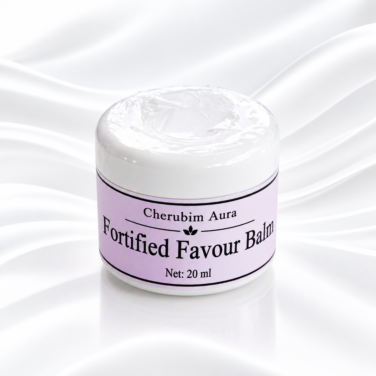 A 20 ml jar of Cherubim Aura Fortified Favour Balm, featuring a white lid and a lavender label, set against a white satin fabric background.