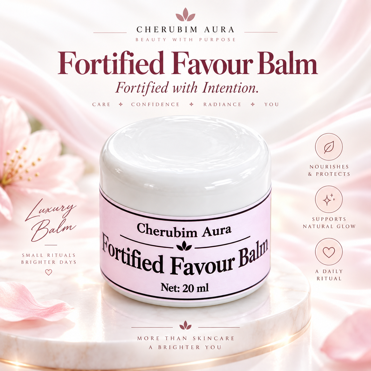 Cherubim Aura Fortified Favour Balm in a 20 ml jar, presented on a white marble pedestal with soft pink cherry blossom petals. The product features a white lid and a light pink label with black text.