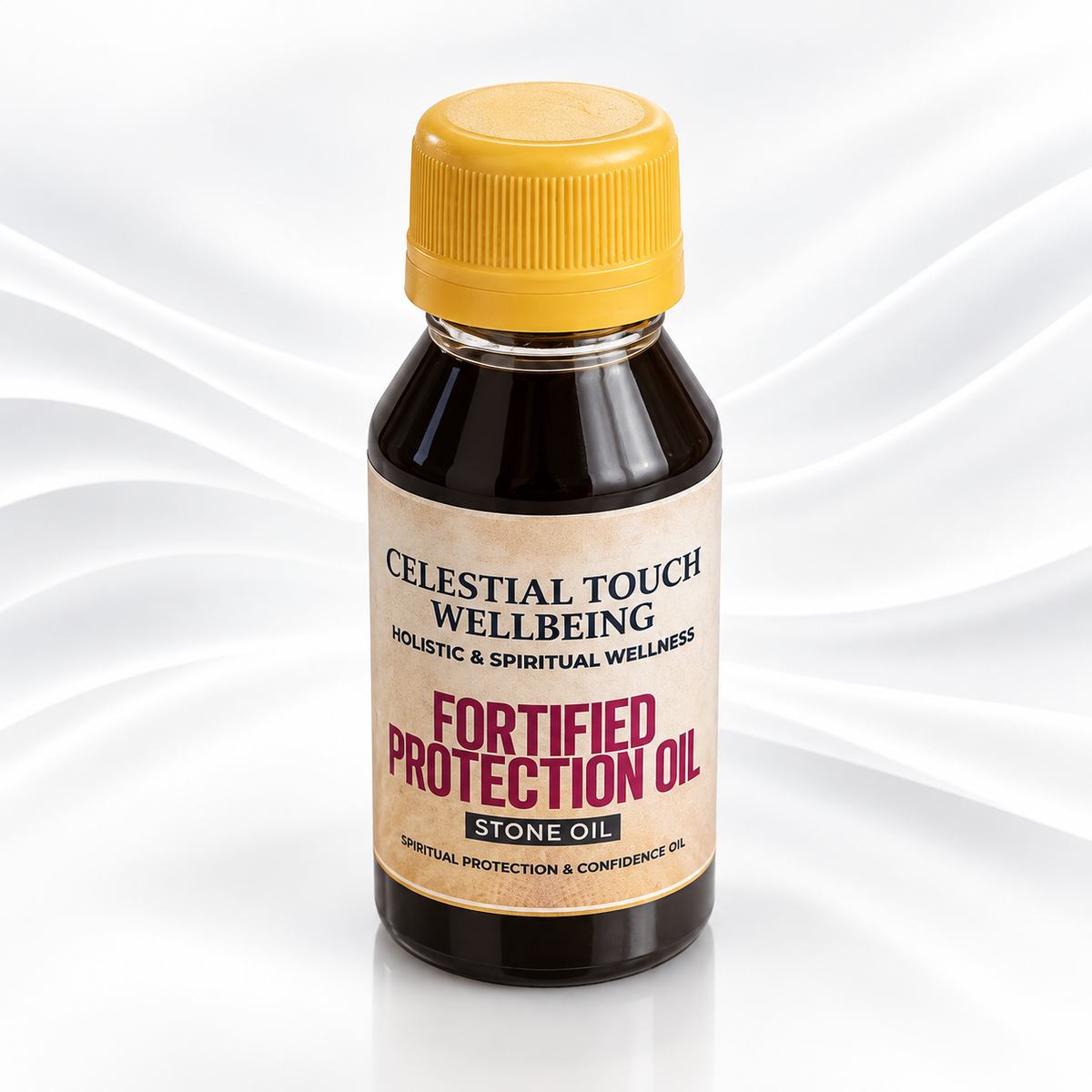 A bottle of Celestial Touch Wellbeing Fortified Protection Oil, featuring a dark amber glass bottle, a yellow ribbed cap, and a beige label with red and black text, set against a white background with soft wavy lines.