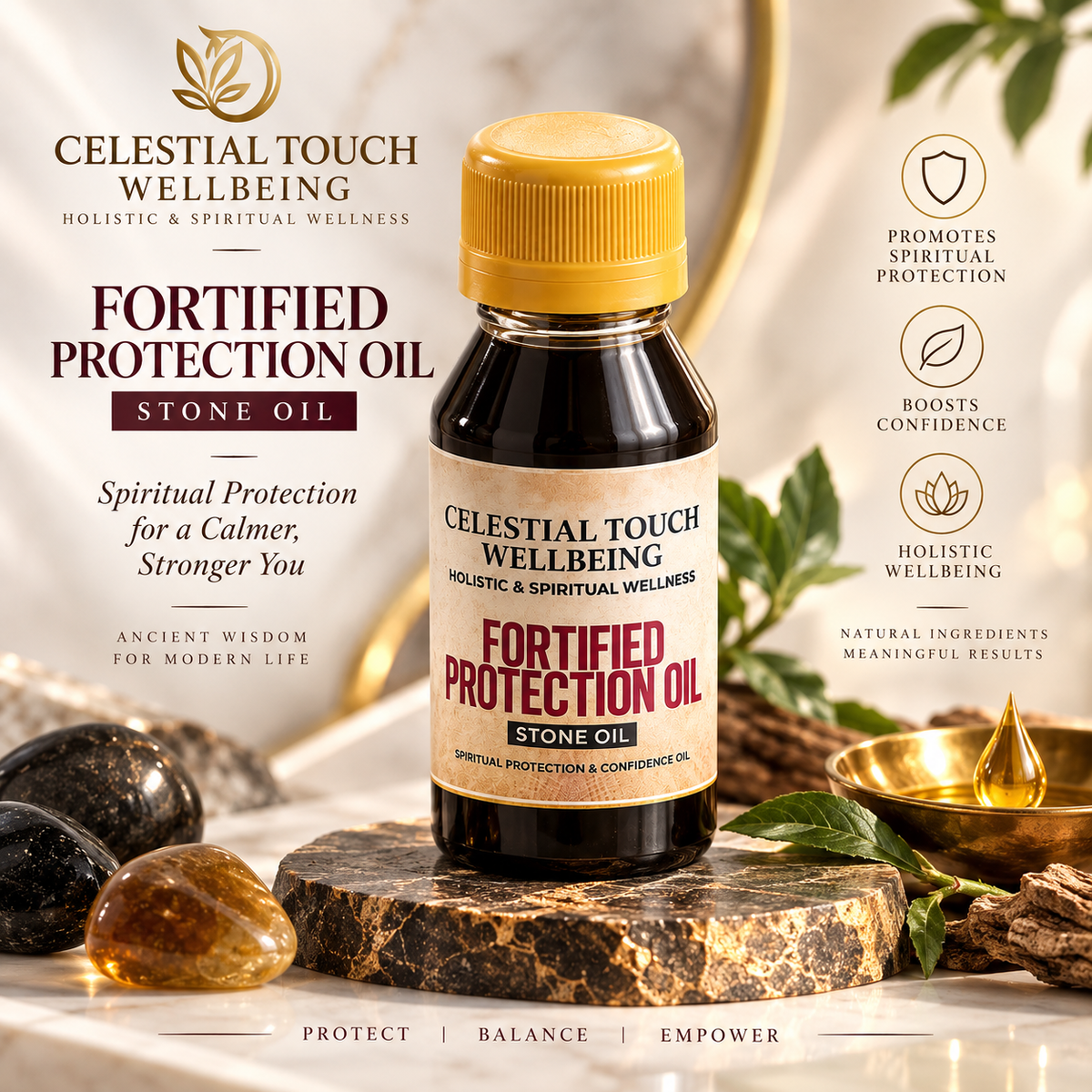 A bottle of Celestial Touch Wellbeing Fortified Protection Oil Stone Oil displayed on a polished stone slab with crystals and green leaves in a warm, spiritual setting.