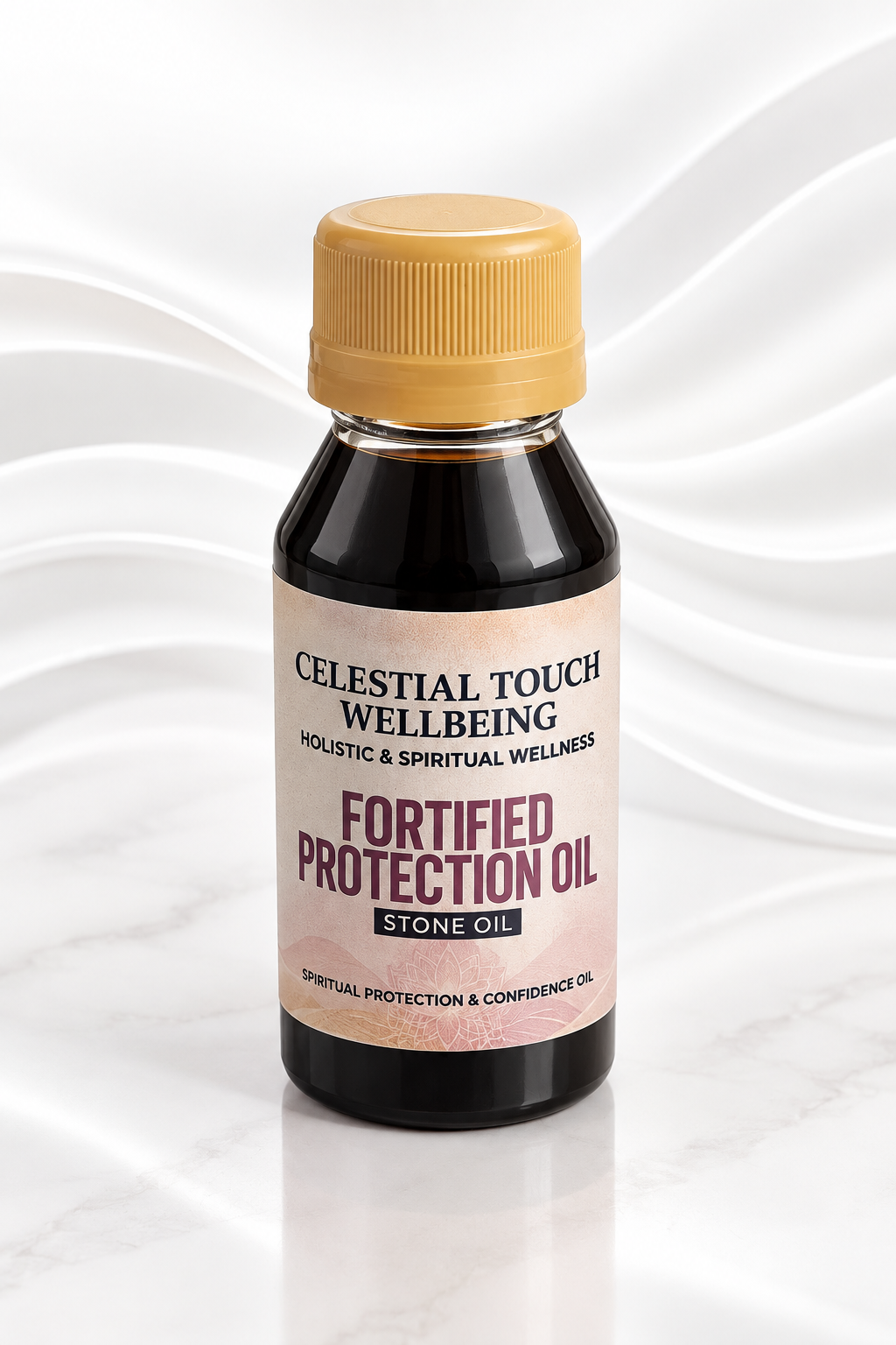 A bottle of Celestial Touch Wellbeing Fortified Protection Oil, a dark amber glass bottle with a tan screw cap and a beige label, set against a white marble background with soft white wave patterns.