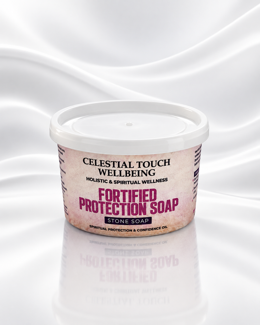 A tub of Celestial Touch Wellbeing Fortified Protection Soap on a reflective white surface with a draped white fabric background.