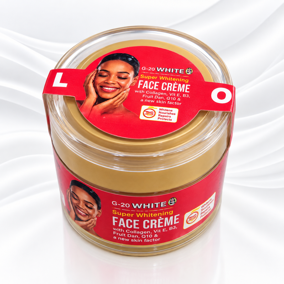 A jar of G-20 White Super Whitening Face Creme, size Large (L), featuring a red label and a clear lid showing the cream inside, set against a white draped background.