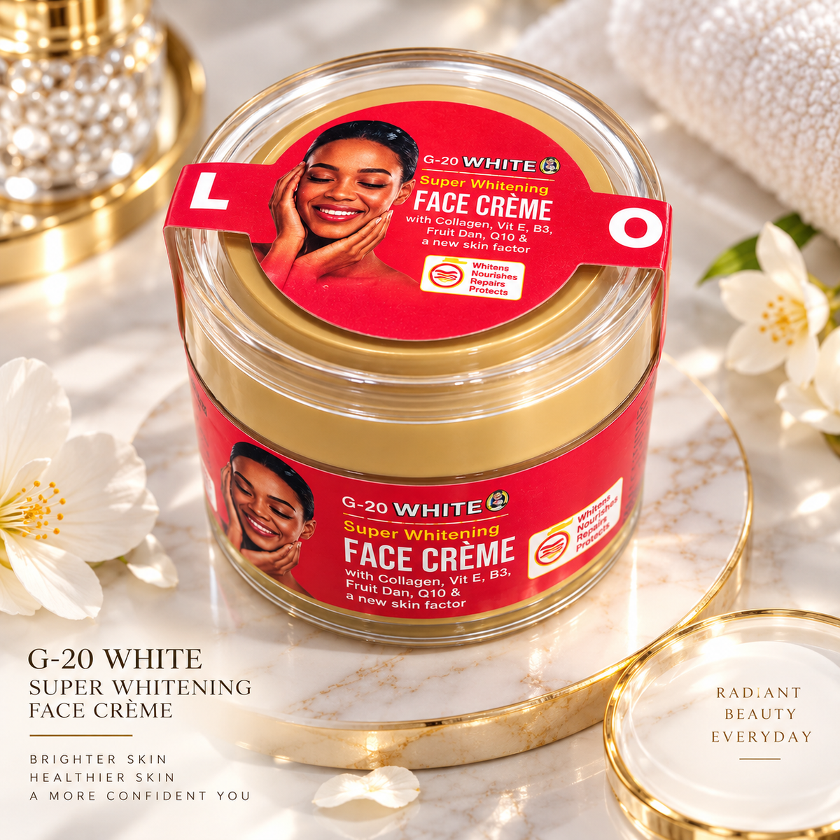 A jar of G-20 White Super Whitening Face Crème with its lid off, set on a gold and white marble surface with decorative white flowers and gold accessories.