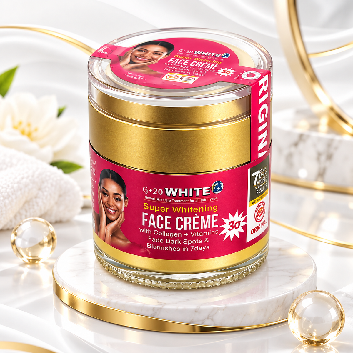 A jar of G+20 WHITE Super Whitening Face Crème with a gold lid and a pink label, styled on a white marble pedestal with gold trim and decorative props.