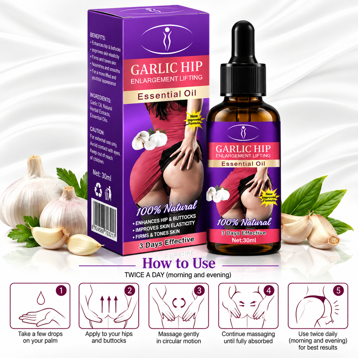 Garlic Hip Enlargement Lifting Essential Oil bottle and box set, shown alongside garlic bulbs, green leaves, and a 'How to Use' diagram on a white background with soft gray drapery.