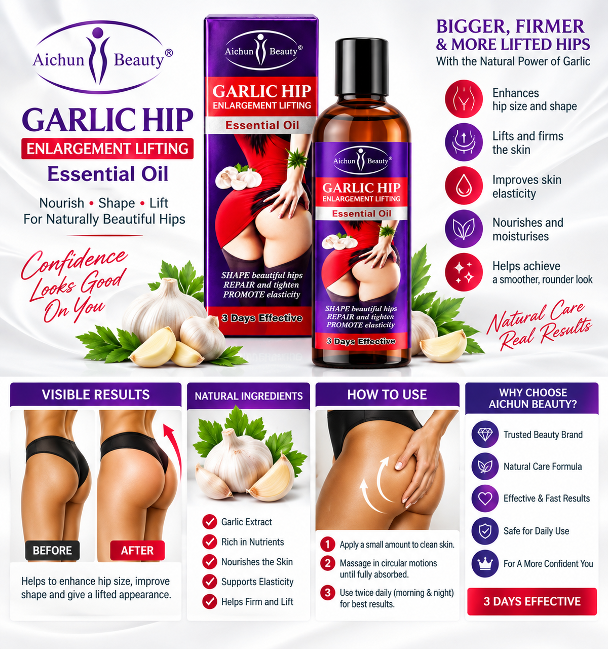 Aichun Beauty Garlic Hip Enlargement Lifting Essential Oil advertisement featuring a bottle and box of the product, before-and-after hip diagrams, ingredient highlights, and usage instructions.