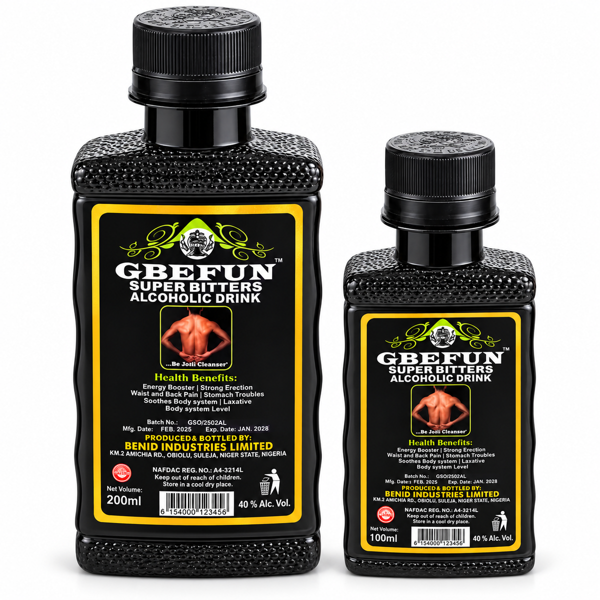 Two black plastic bottles of GREFUN Super Bitters Alcoholic Drink, one 200ml and one 100ml, with black caps and yellow labels, shown on a white background.
