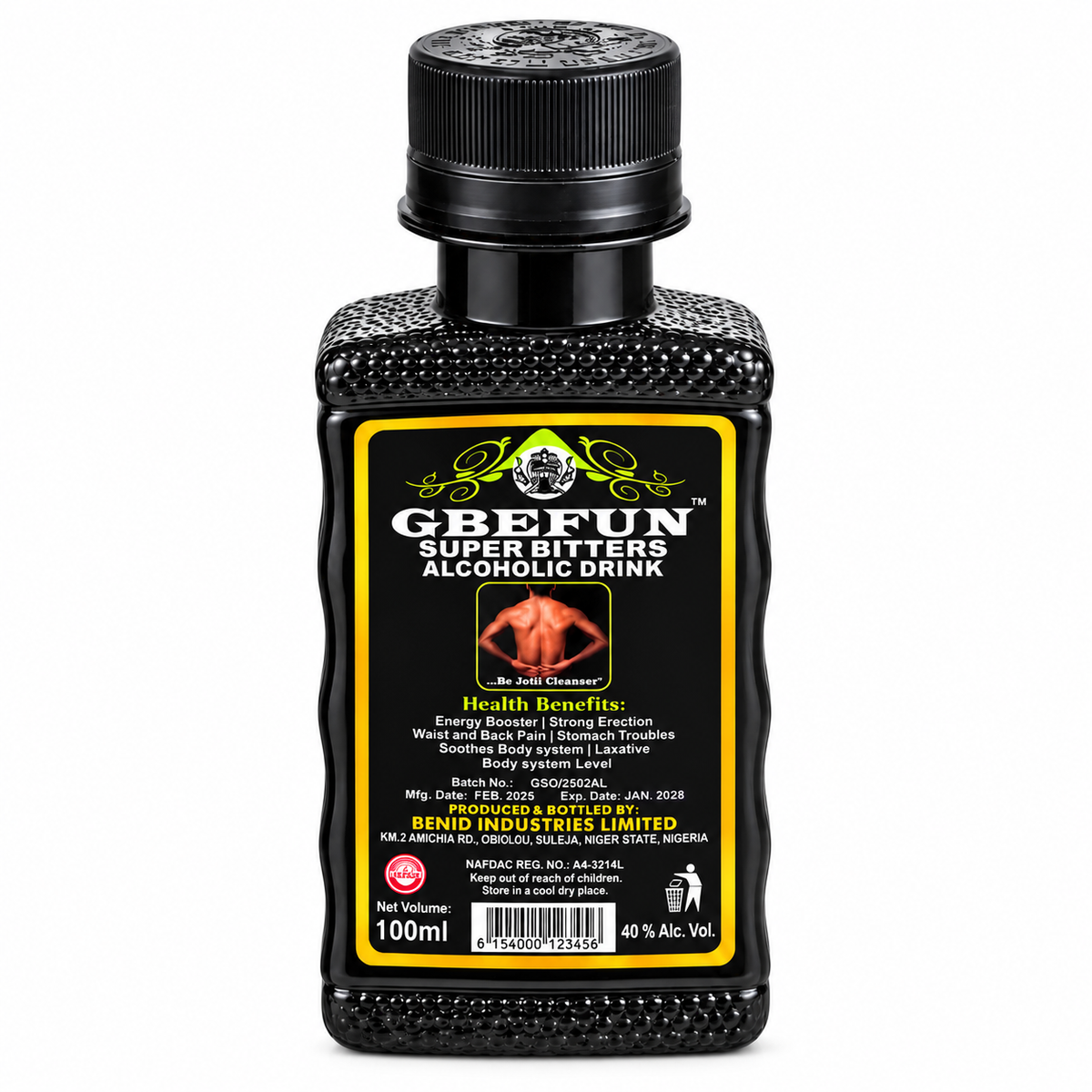 A 100ml bottle of GBEFUN Super Bitters Alcoholic Drink, featuring a textured black plastic container, a black cap, and a black label with yellow borders and white text.