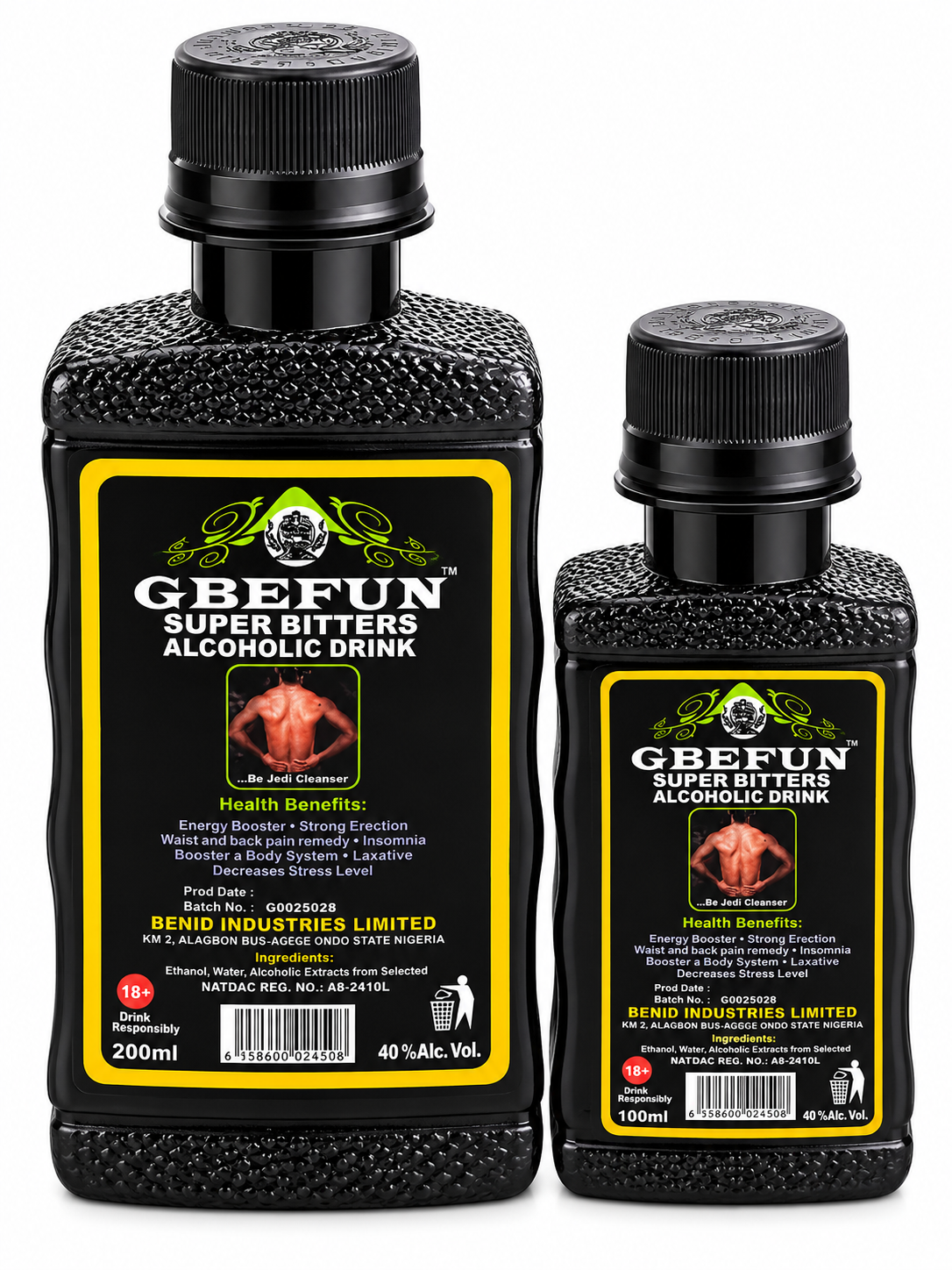 Two black bottles of GBEFUN Super Bitters Alcoholic Drink, one 200ml and one 100ml, displayed side-by-side on a white background.