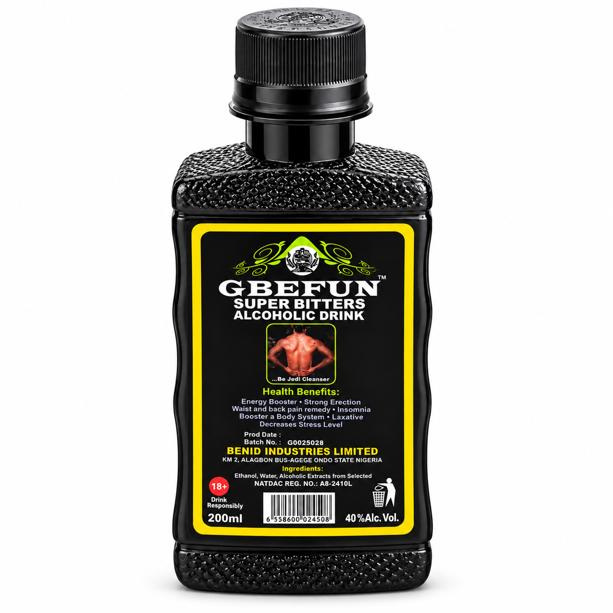 A 200ml black bottle of GBEFUN Super Bitters Alcoholic Drink, featuring a black textured cap and a black label with a yellow border and white text.