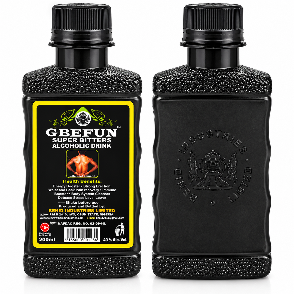 Two black textured bottles of GBEFUN Super Bitters Alcoholic Drink, showing the front label on the left and the embossed back on the right, on a white background.