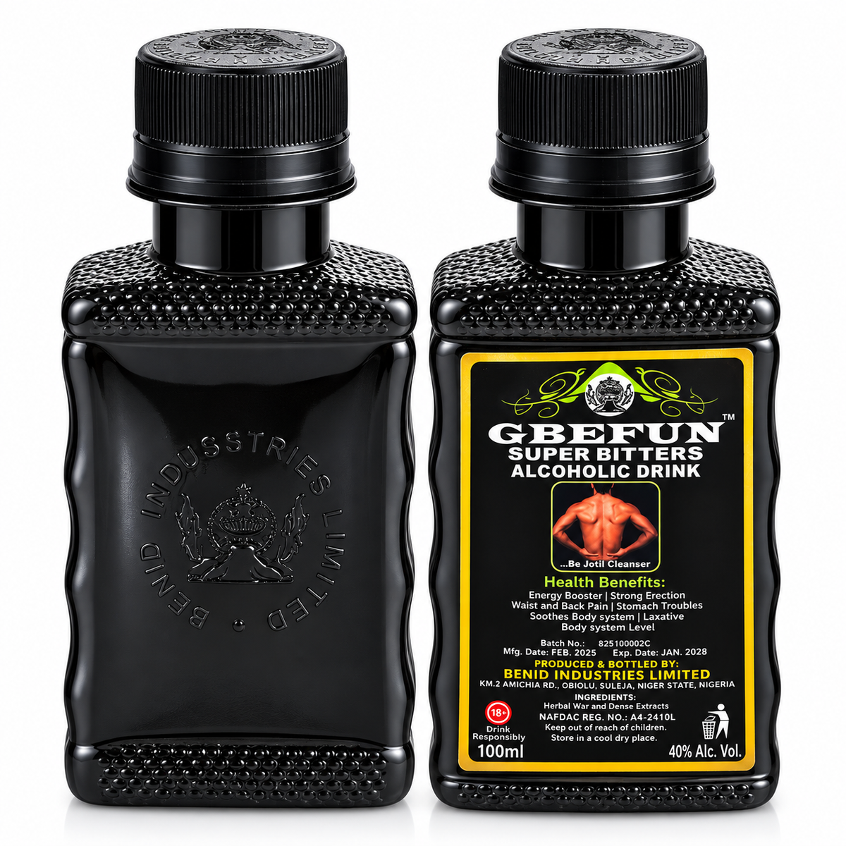 Two black plastic bottles of GEEFUN Super Litters Alcoholic Drink side by side on a white background, one showing the textured black bottle body with embossed branding and the other showing the front label.