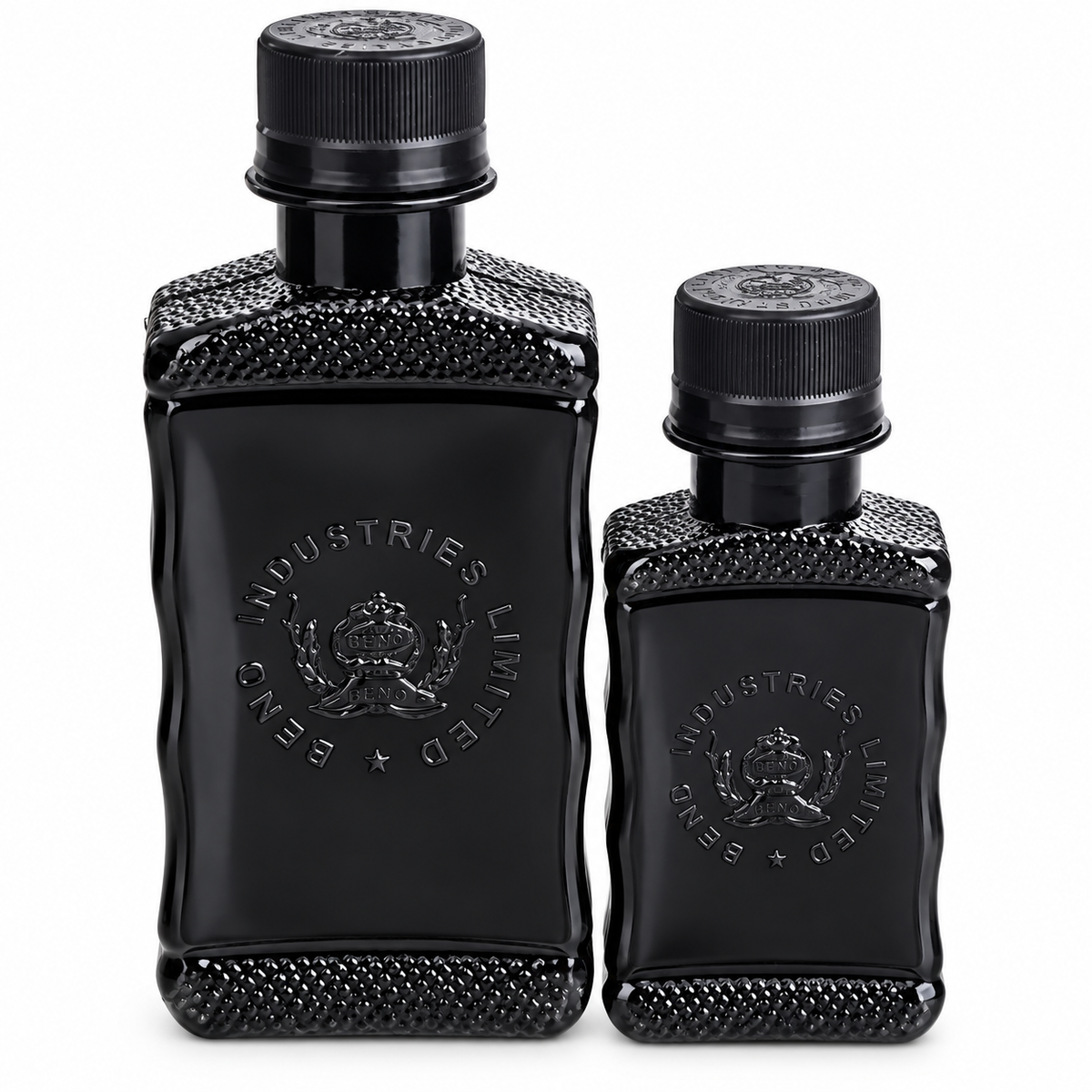 Two black textured perfume bottles from Bents Industries Limited, one large and one small, on a white background.