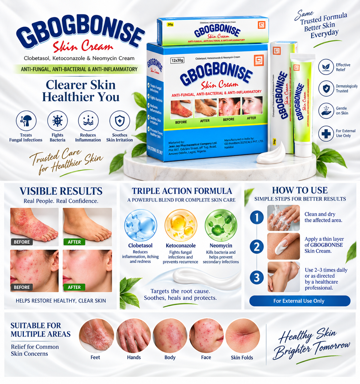 Grobbonise Skin Cream product packaging and three white tubes displayed on a white background, accompanied by multiple informational feature and usage callout panels.