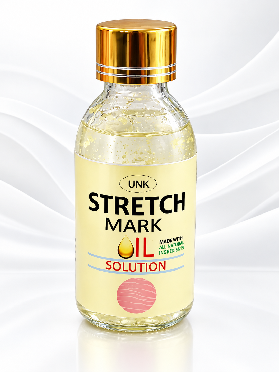 A bottle of UNK Stretch Mark Oil Solution with a gold cap and a cream-colored label, set against a white background with soft wavy lines.