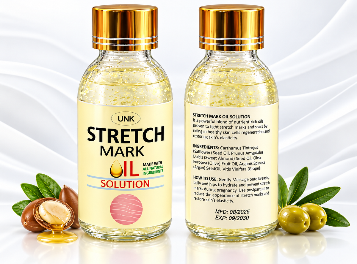 Two bottles of UNK Stretch Mark Oil Solution shown on a white background with decorative olive and almond props. One bottle shows the front label, and the other shows the back label with product details.