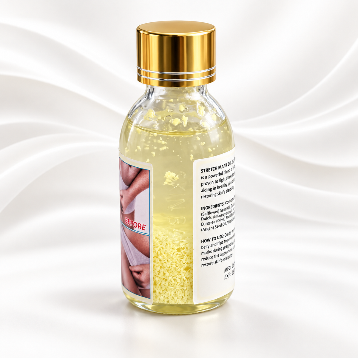 A clear glass bottle of Stretch-Mark Relief cream with a shiny gold cap, filled with pale yellow gel and suspended gold flakes, set against a white background with elegant wave patterns.