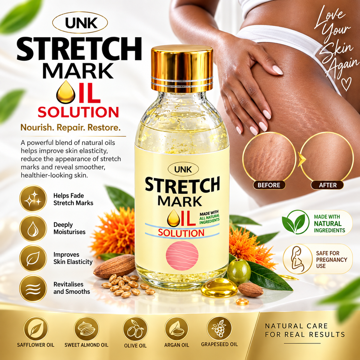 A bottle of UNK Stretch Mark Oil Solution is shown in a promotional layout with a model's hand and lower torso, before/after skin comparison circles, ingredient icons, and text claims on a white background.