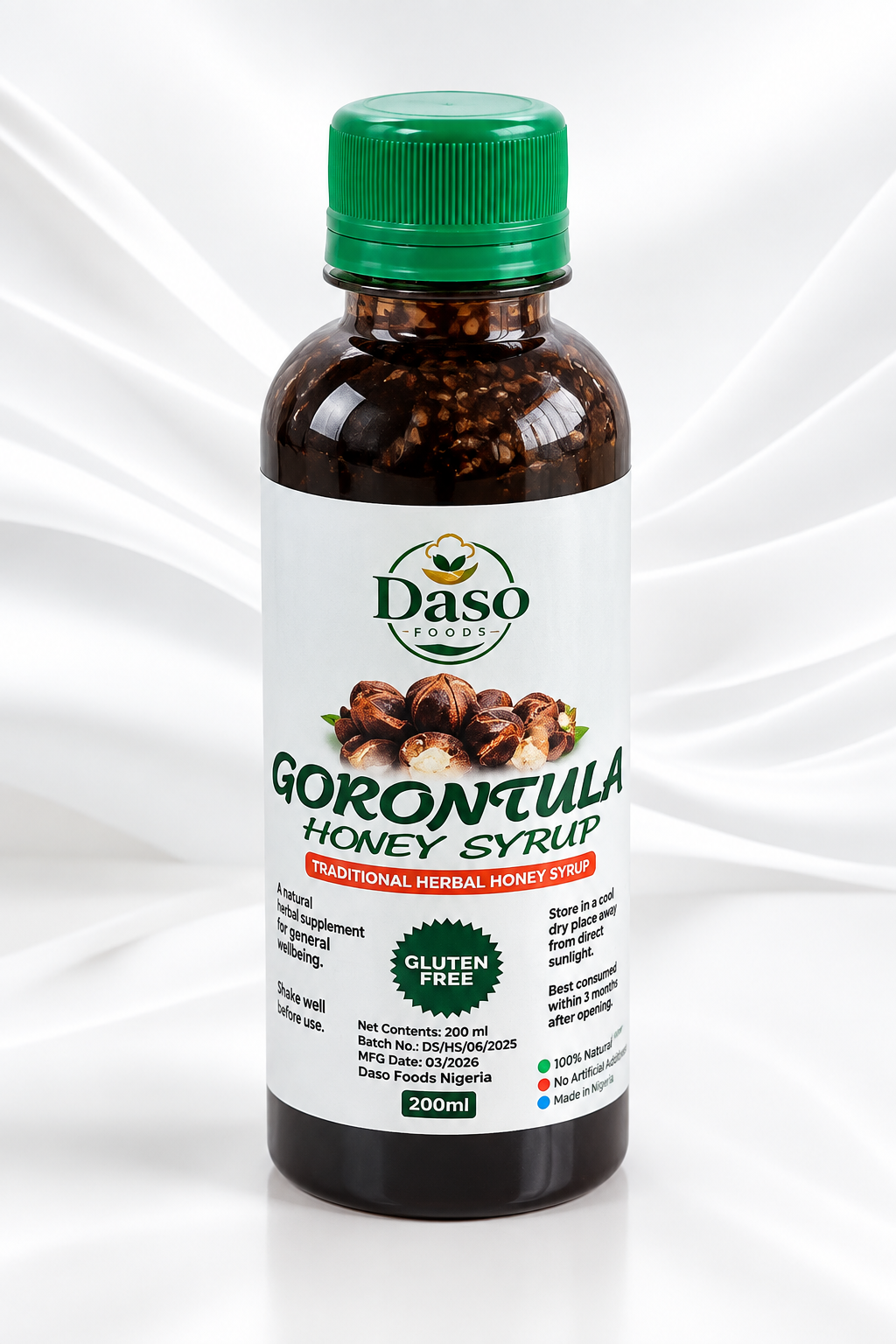 A 200ml bottle of Daso Naturals Gorontula Honey Syrup, featuring a white label with brown honey droplets visible through the amber bottle, a green cap, and a green 'Gluten Free' badge, set against a white background with subtle wavy lines.