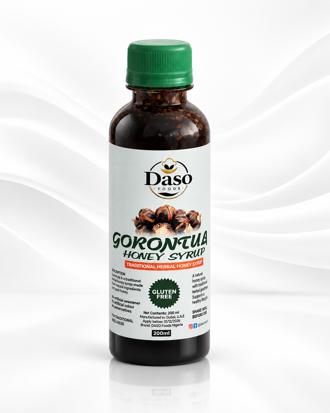 A 200ml bottle of Daso Farms Gorontula Honey Syrup, featuring a dark amber glass bottle, a green screw cap, and a white label with product details, set against a clean white background with subtle wave patterns.