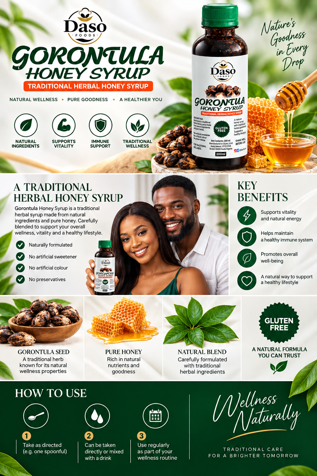A promotional infographic for Daso Gorontula Honey Syrup, featuring the product bottle, honeycomb, honey pots, and a smiling couple holding a smaller bottle. The layout includes text sections detailing key benefits, how to use, and natural wellness claims on a white and dark green background.