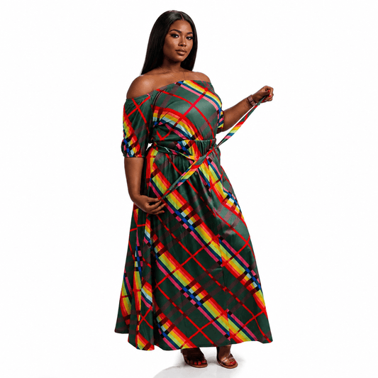 Green Multicolour Plaid Off-Shoulder Maxi Dress – Women's Belted A-Line Elegant Occasion Dress - Maxi Dress - Cherubim Aura