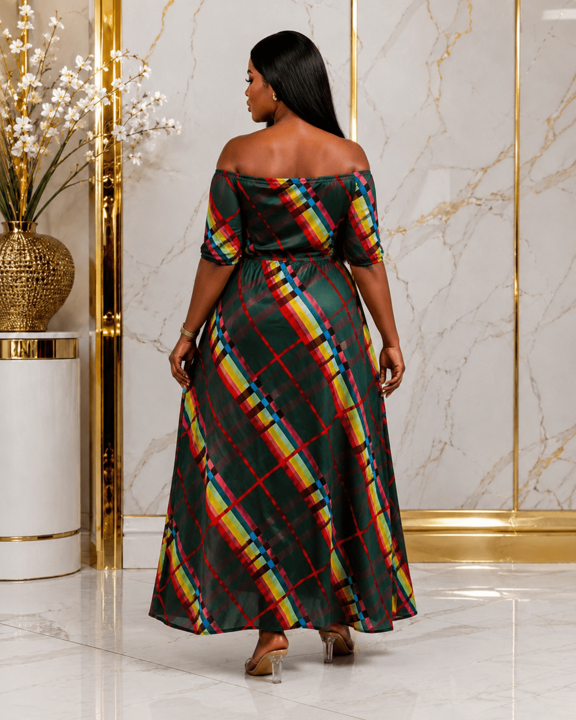 Green Multicolour Plaid Off-Shoulder Maxi Dress – Women's Belted A-Line Elegant Occasion Dress - Maxi Dress - Cherubim Aura