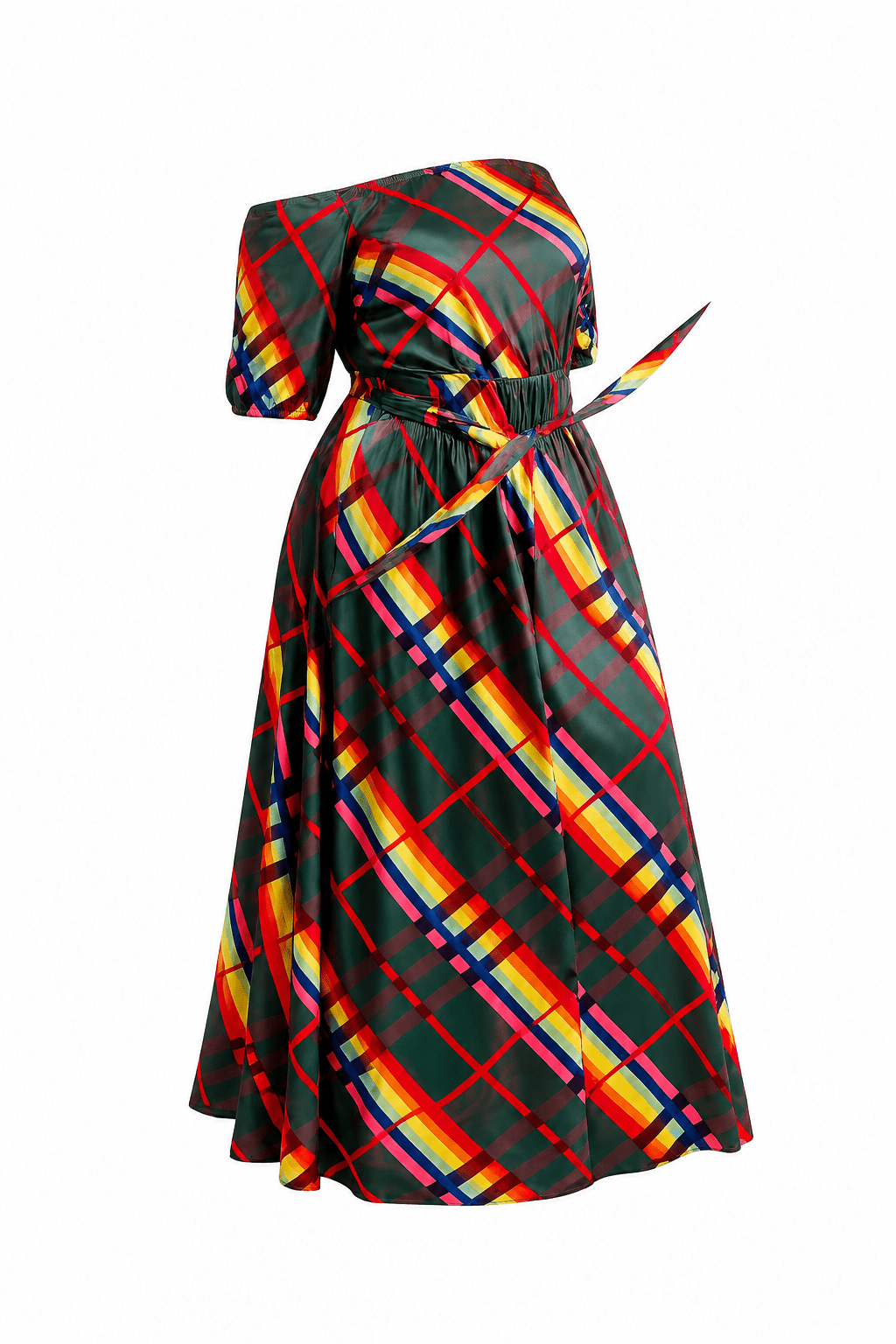 Green Multicolour Plaid Off-Shoulder Maxi Dress – Women's Belted A-Line Elegant Occasion Dress - Maxi Dress - Cherubim Aura