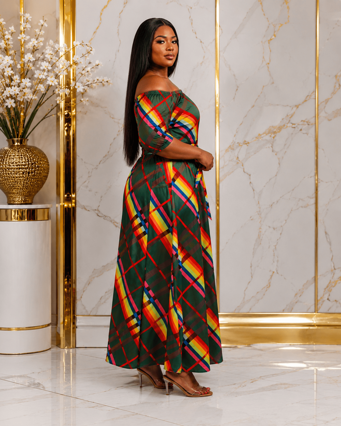 Green Multicolour Plaid Off-Shoulder Maxi Dress – Women's Belted A-Line Elegant Occasion Dress - Maxi Dress - Cherubim Aura