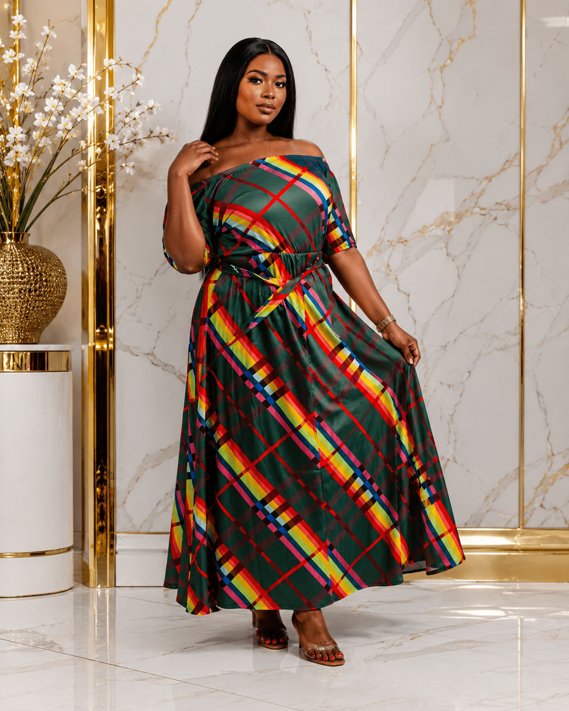 Green Multicolour Plaid Off-Shoulder Maxi Dress – Women's Belted A-Line Elegant Occasion Dress - Maxi Dress - Cherubim Aura